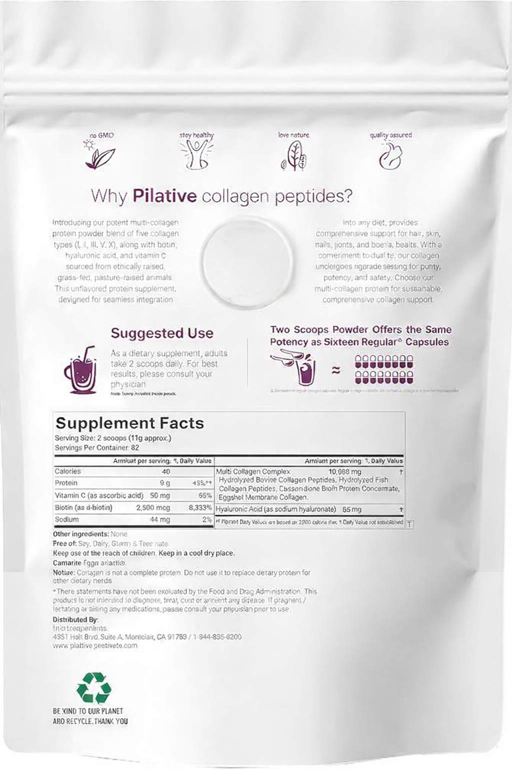 Pilative - Multi Collagen Peptides Powder with Hyaluronic Acid, Biotin & Vitamin C (Unflavored)